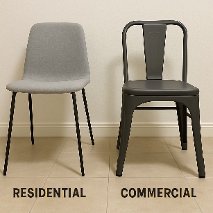 1769957323114715.png A simple side-by-side comparison photo. On the left, a lightweight, spindly-legged dining chair labeled Residential. On the right, a sturdier, fully-welded cafe chair with thicker legs labeled Commer.png