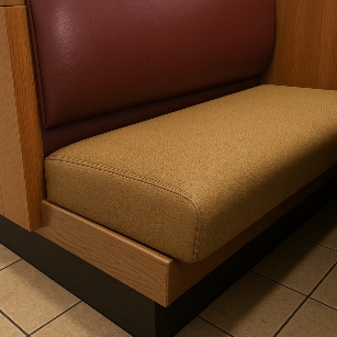 1769957312463287.png A close-up, angled shot of a restaurant booth, clearly showing the small gap between the seat cushion and the back (crumb strip) and the recessed area at the floor for feet (toe kick).png